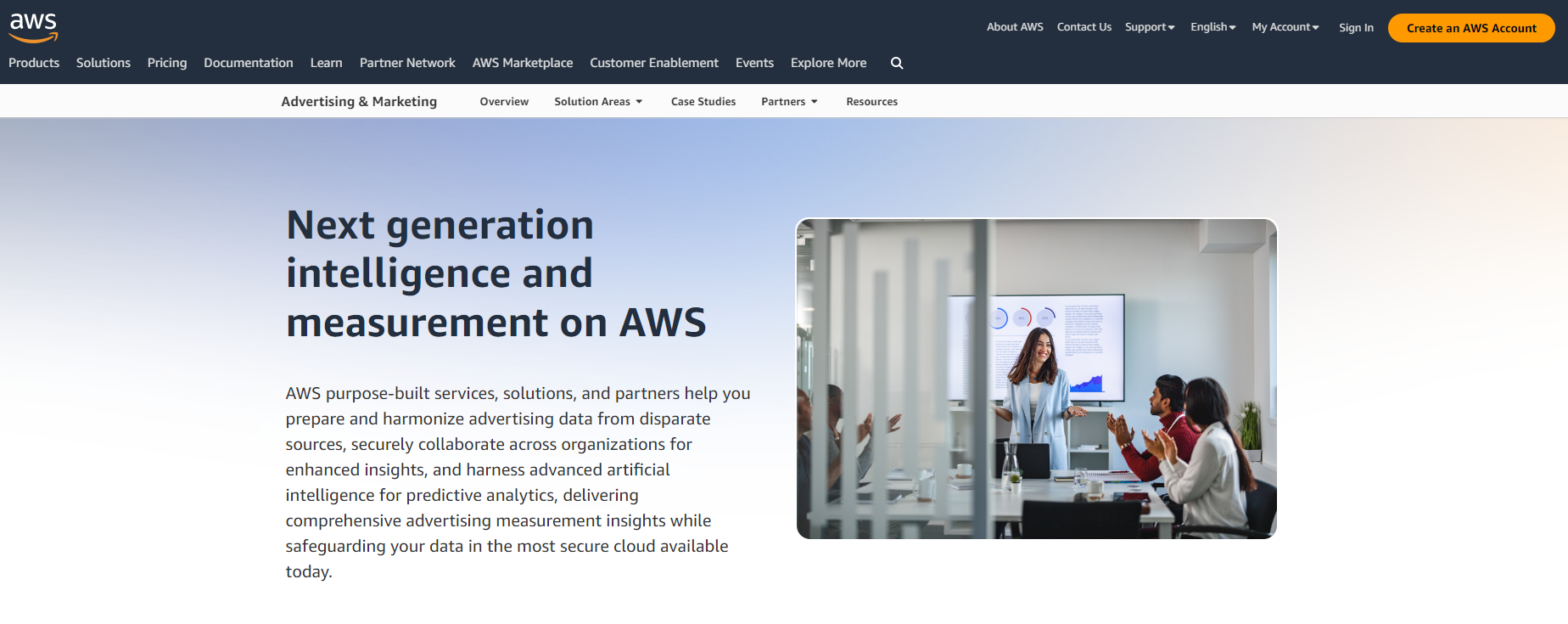 Amazon Web Services Homepage, a website that provides ad intelligence solutions