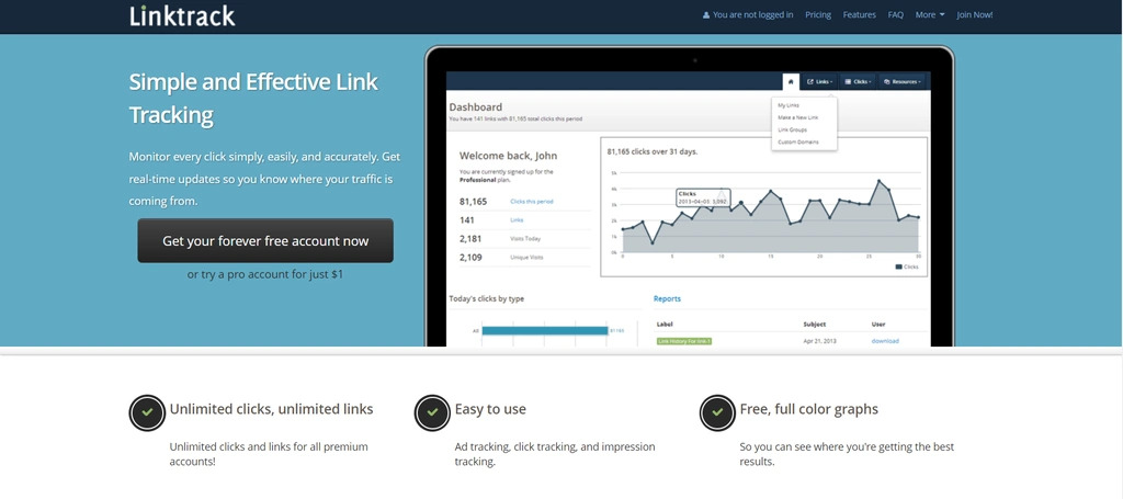 Linktrack homepage, a free click tracking service