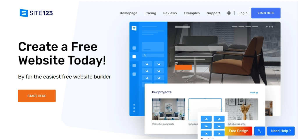Site 123 homepage, a free website builder