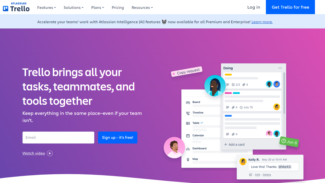 Trello homepage, a content marketing automation platform