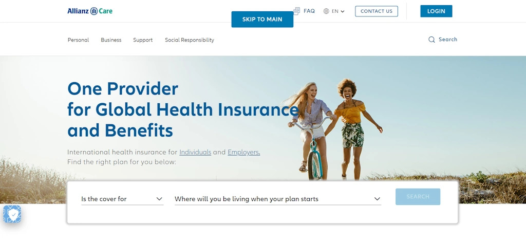 Allianz Care homepage, a global health insurance company that runs an affiliate program