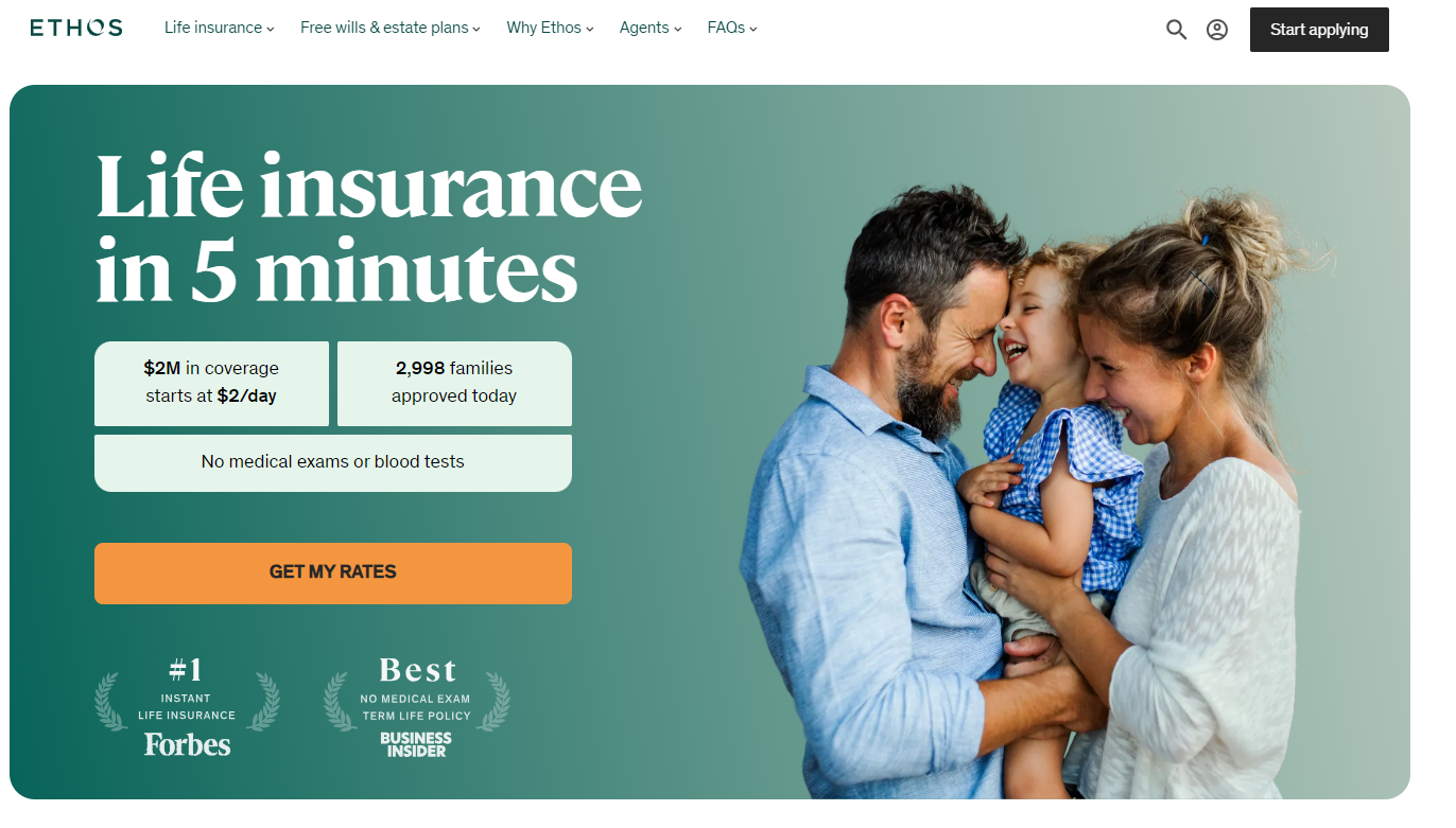 Ethos Life homepage , a platform that, among other things, offers a pay per lead life insurance affiliate program