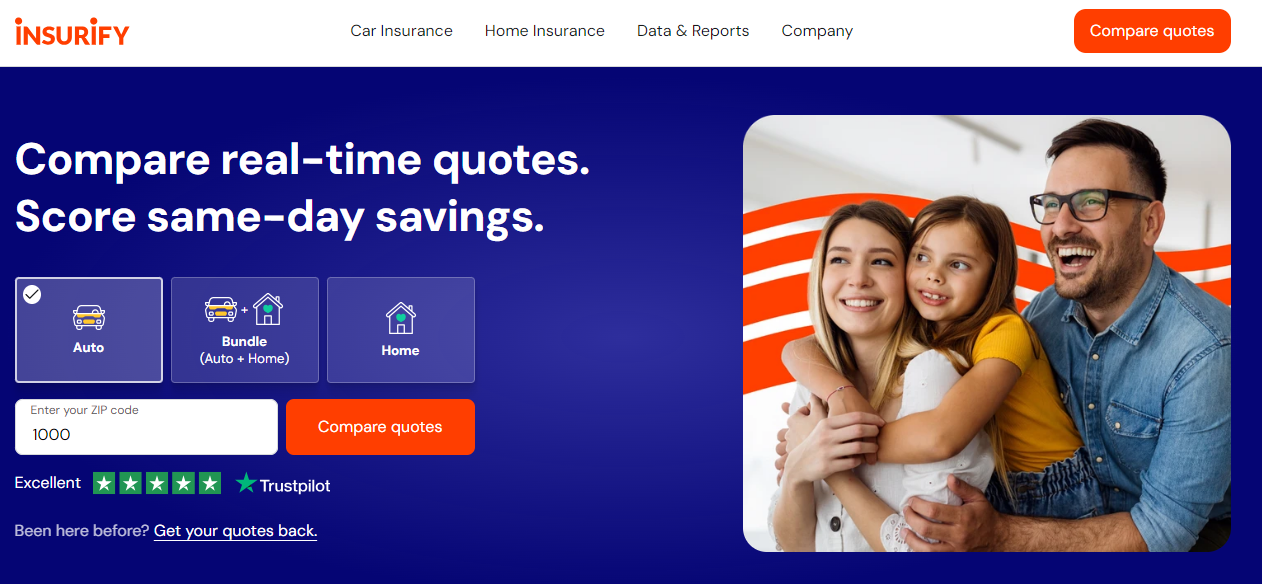 Insurify homepage, a platform that, among other things, offers a pay per lead auto insurance affiliate program