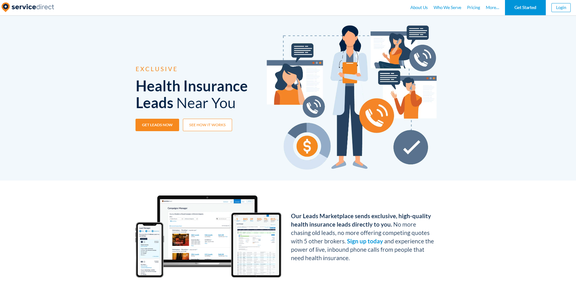 Service Direct webpage, a platform that, among other things, offers a pay per lead health insurance affiliate program