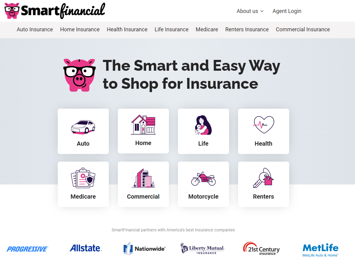 SmartFinancial homepage, a platform that, among other things, offers a pay per lead home insurance affiliate program