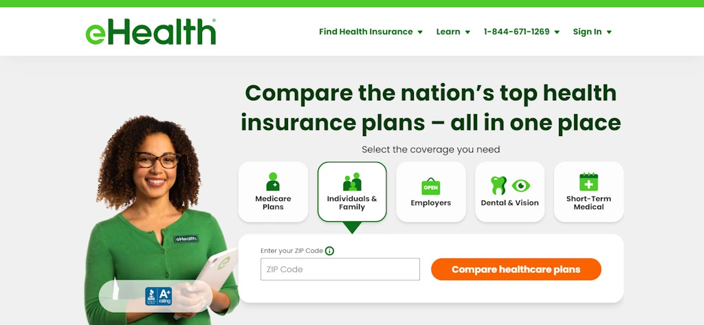 eHealth homepage, a health insurance company that runs an affiliate program