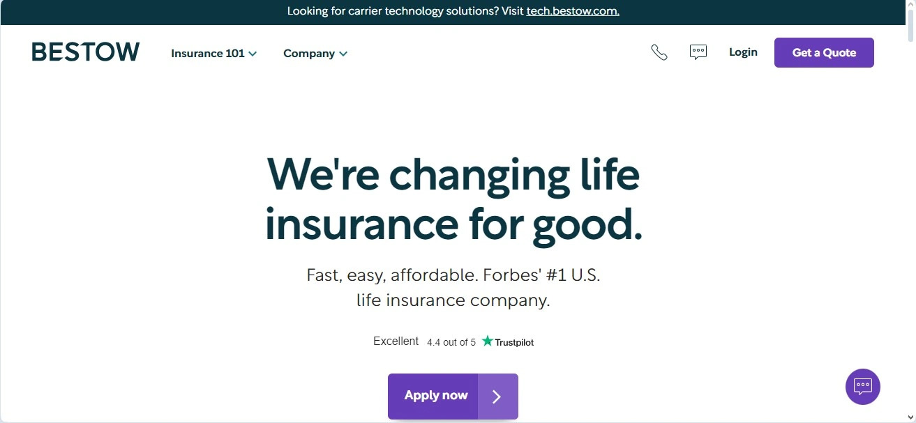 Bestow homepage, a company that provides digital term life insurance policies and runs a life insurance affiliate program