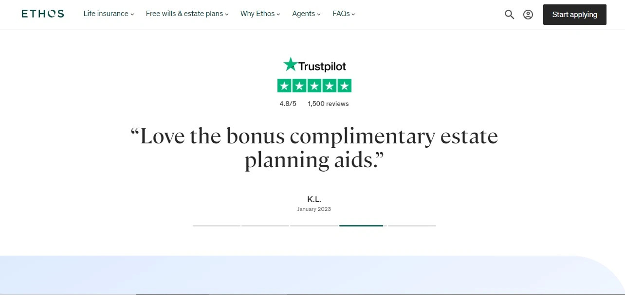 Ethos homepage, a company that provides life insurance policies and runs a life insurance affiliate program