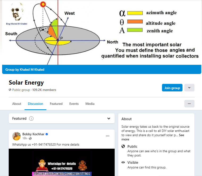 A screenshot of a Facebook solar community group with over 100,000 members
