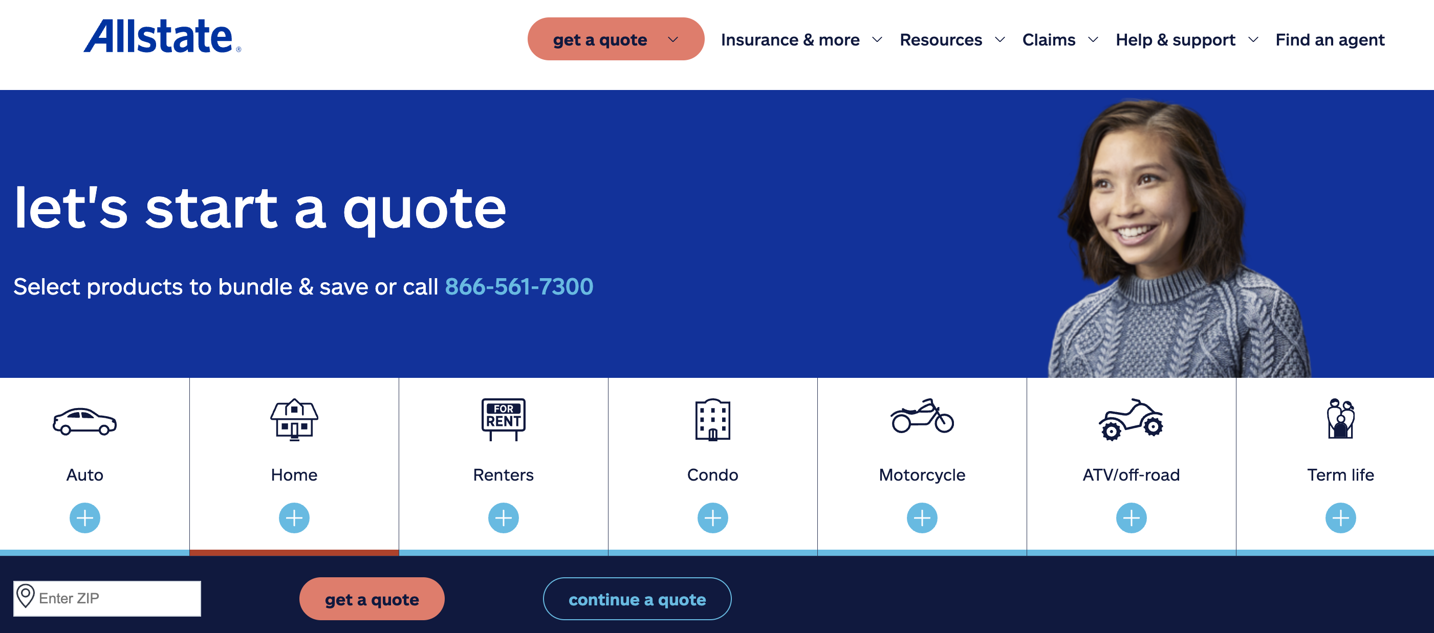 Allstate homepage, a home insurance affiliate website