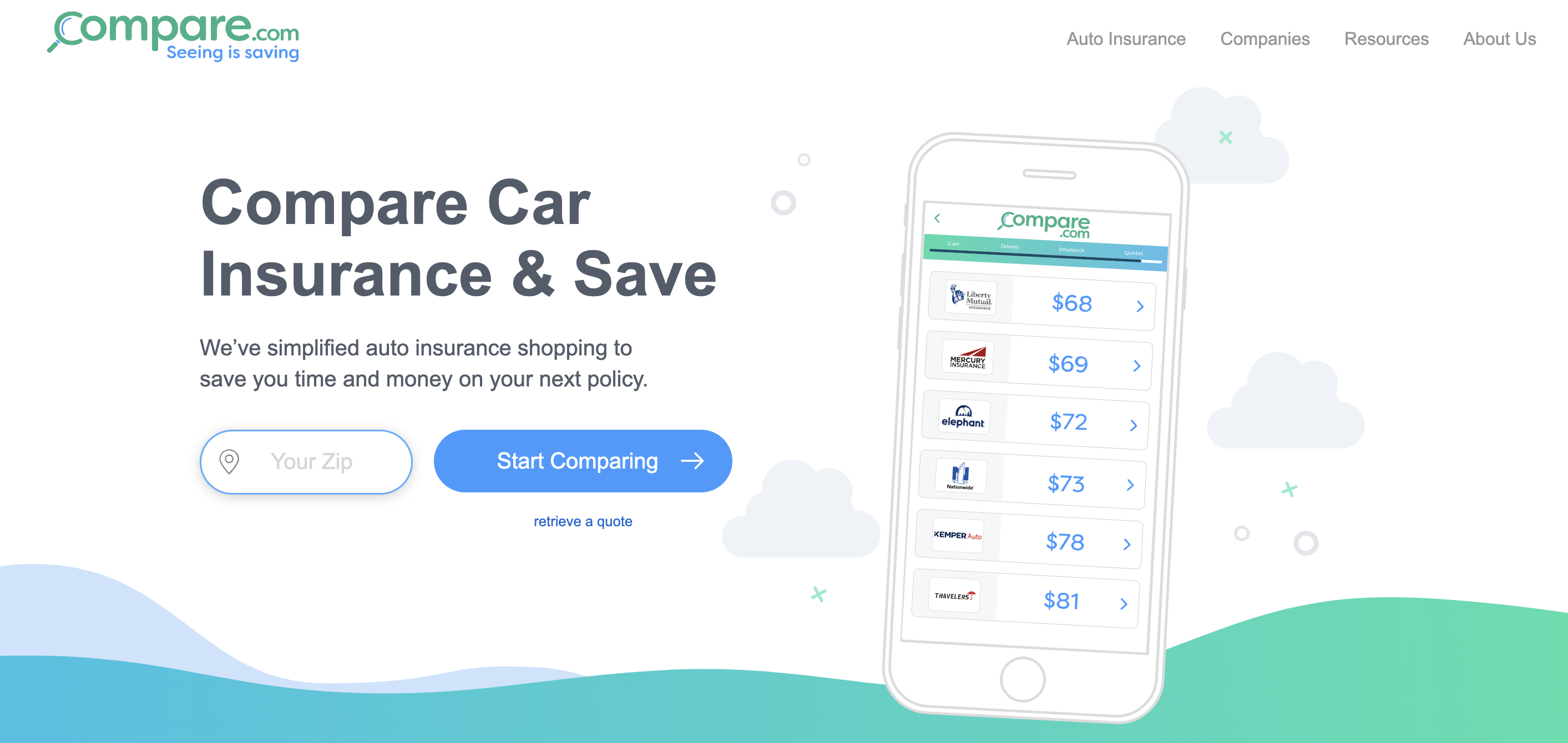 The main page of Compare.com website