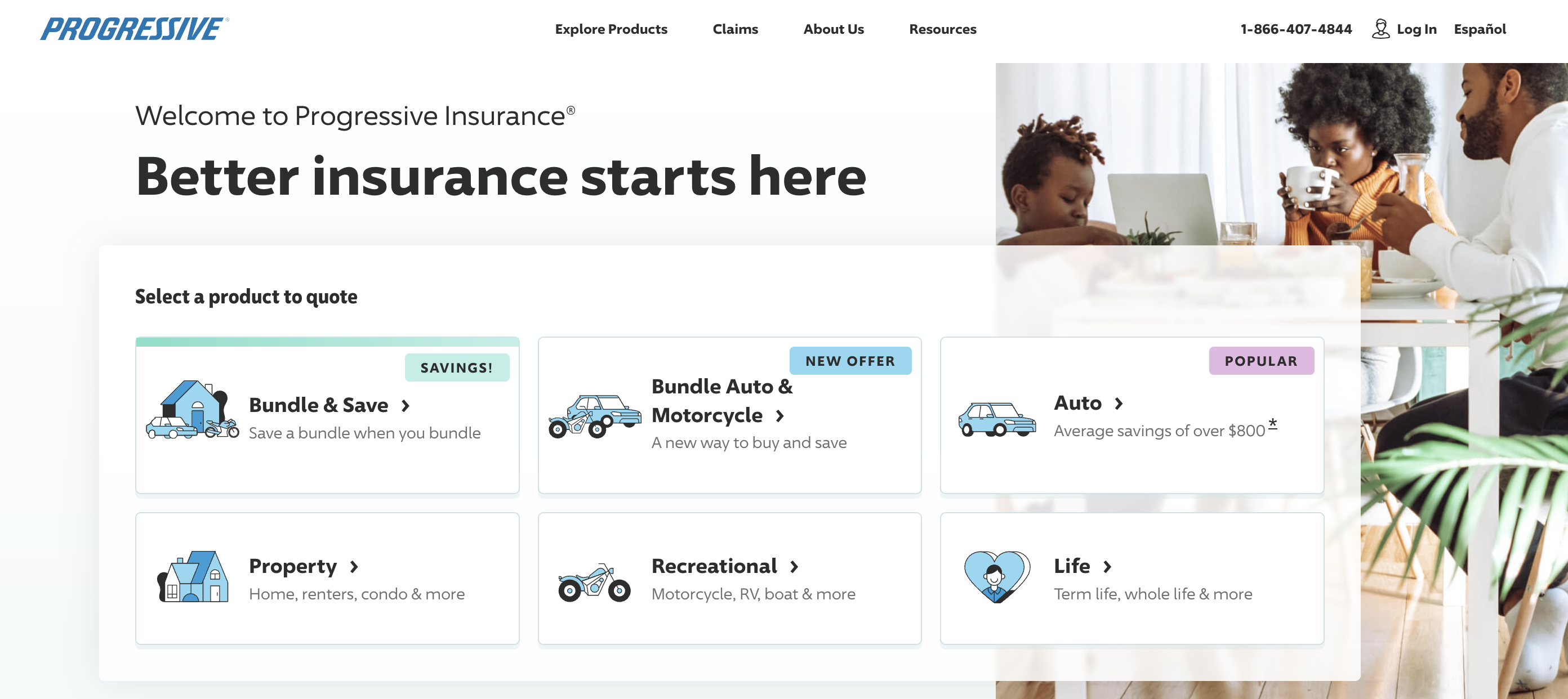 the main page of Progressive Insurance website