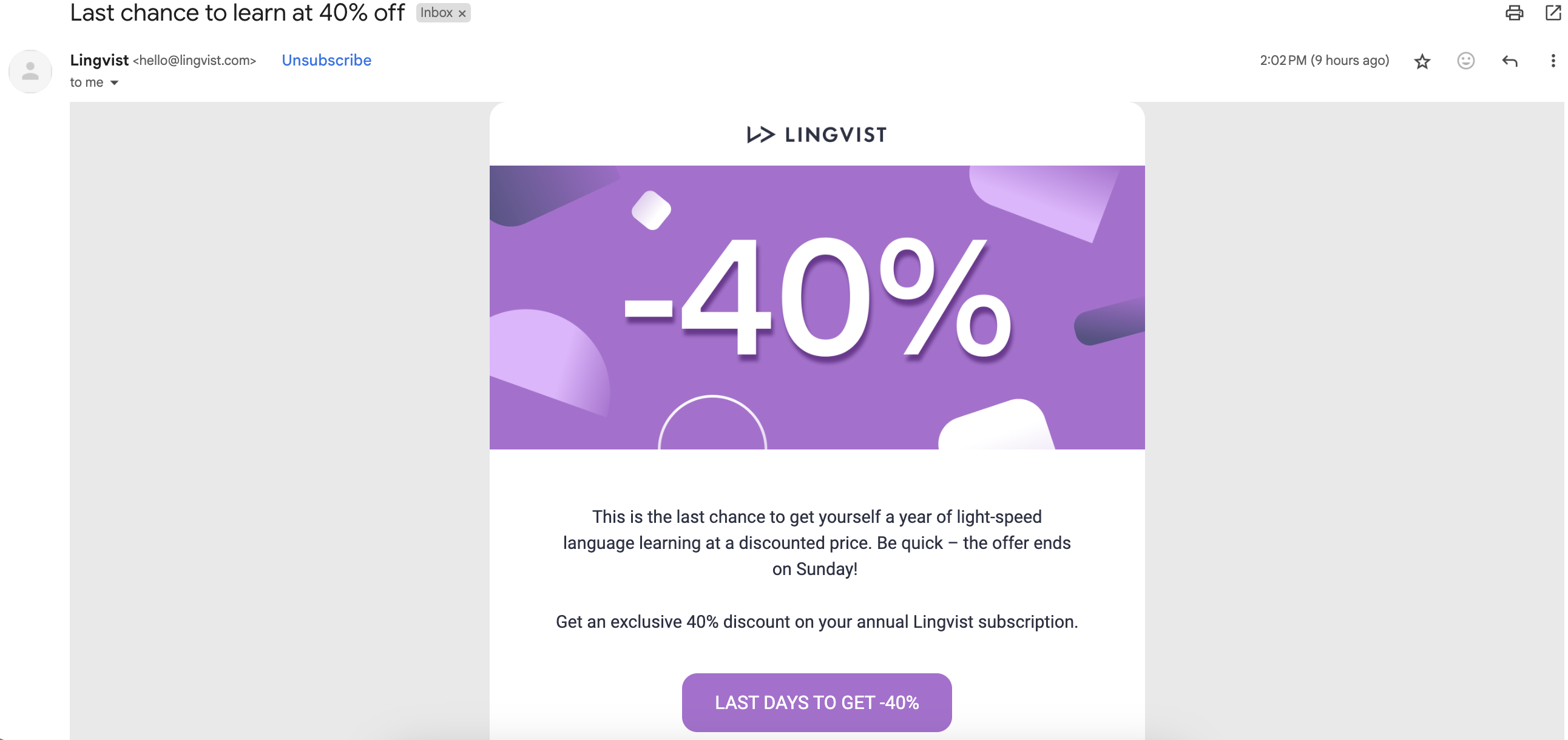 Example of an urgency email