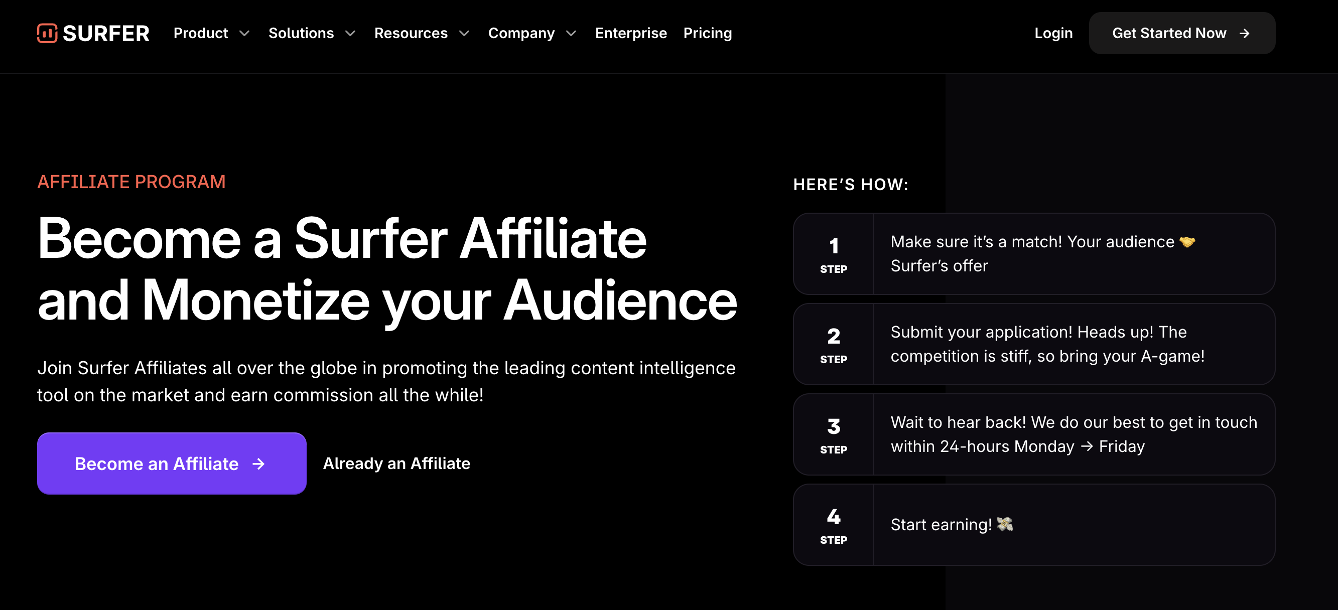 Surfer SEO affiliate marketing program page