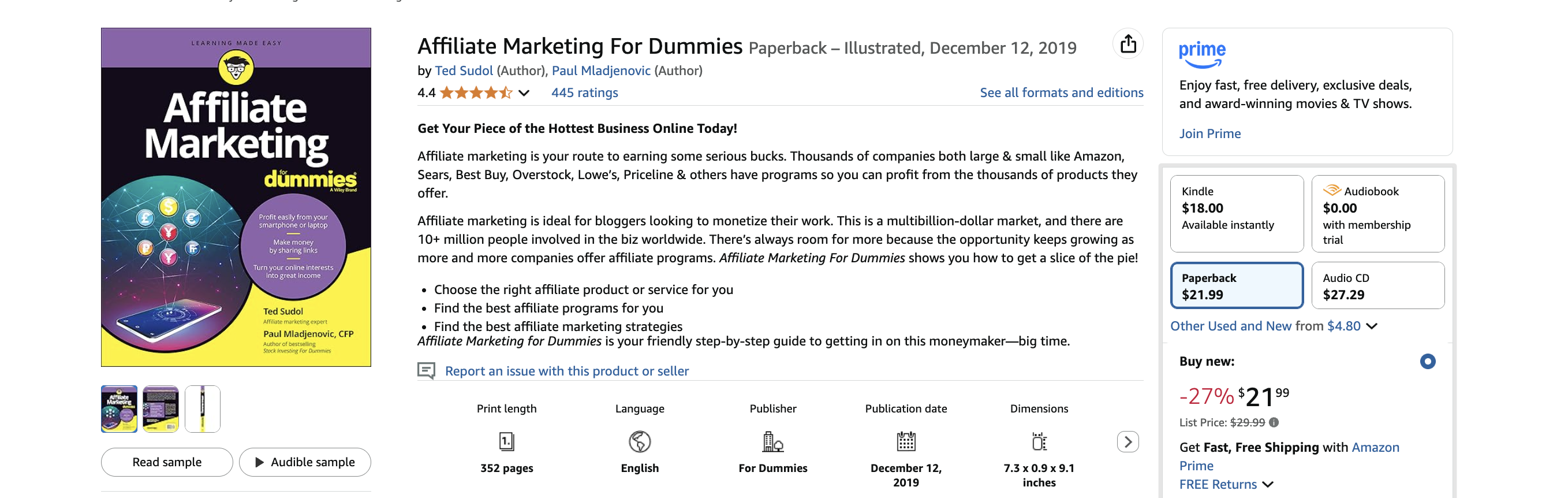 Screenshot of Amazon's page of Affiliate Marketing For Dummies book