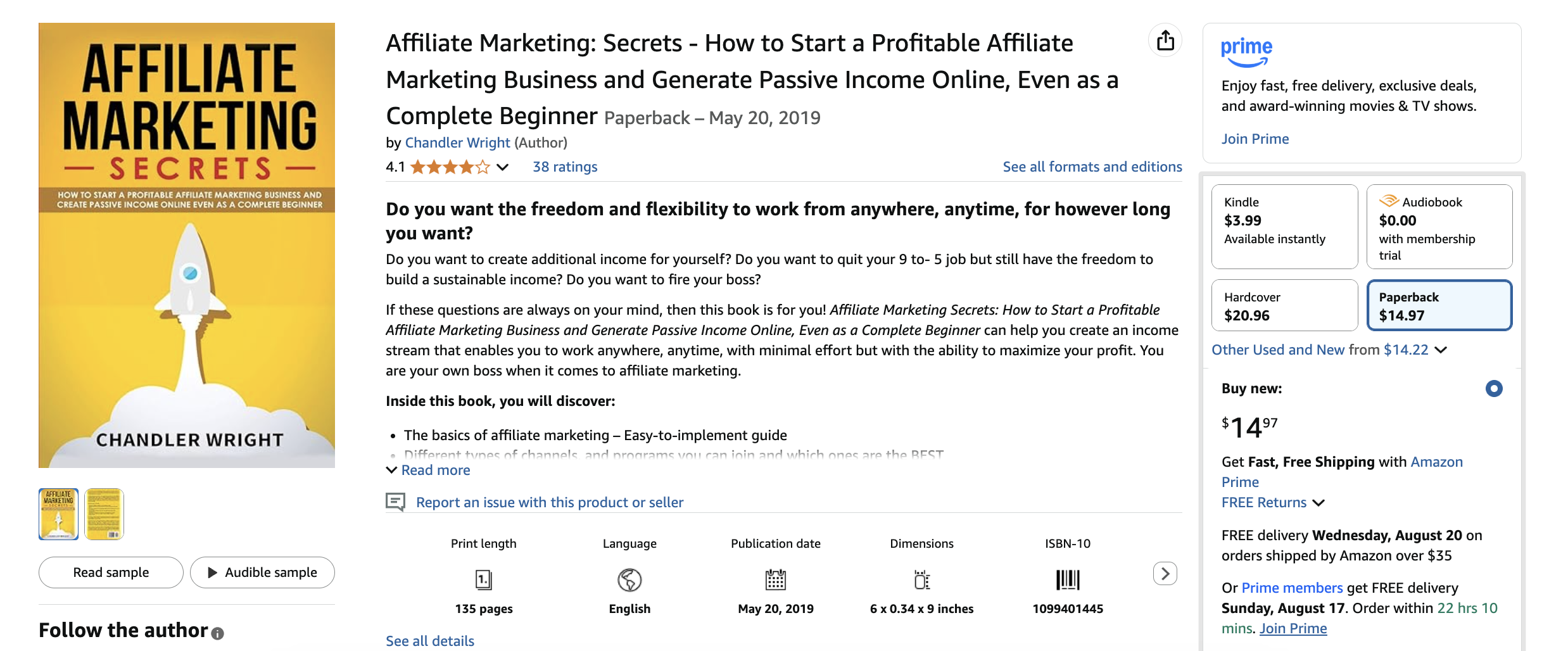 Screenshot of Amazon's page of Affiliate Marketing: Secrets book