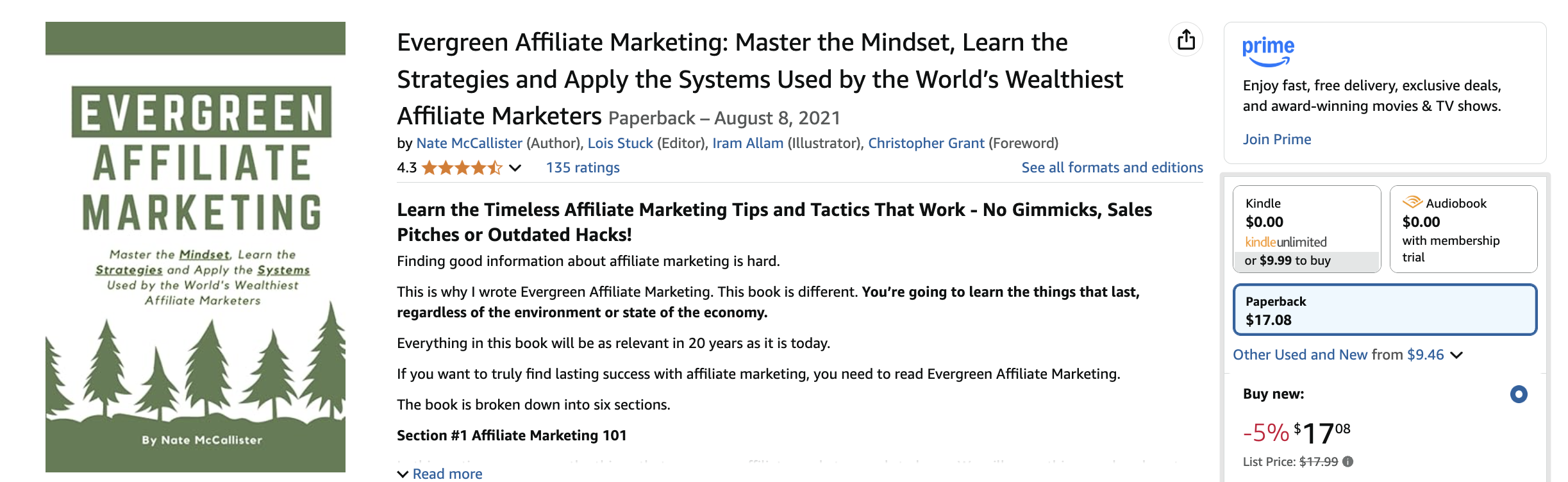 Screenshot of Amazon's page of Evergreen Affiliate Marketing book