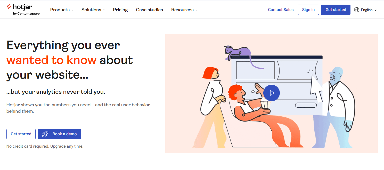Hotjar landing page with CTAs to "Get started" or "Book a demo"