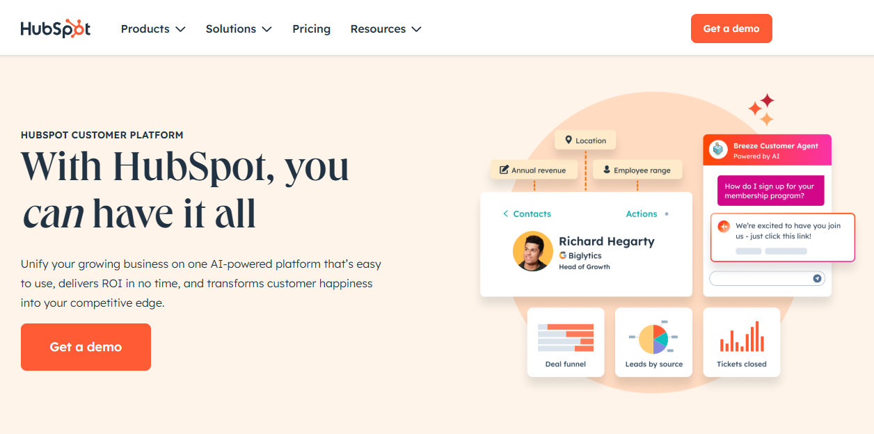 HubSpot landing page with a brief presentation of service features and an offer to "Get a Demo"