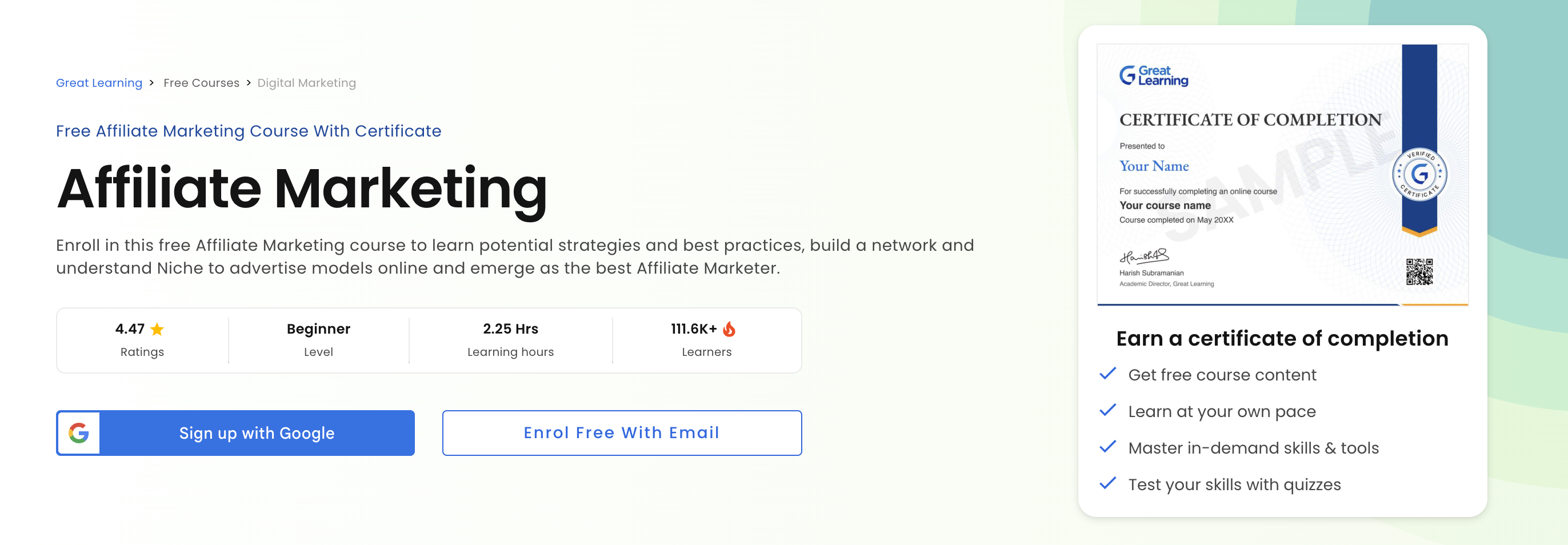 Screenshot of Great Learning's Affiliate Marketing cource