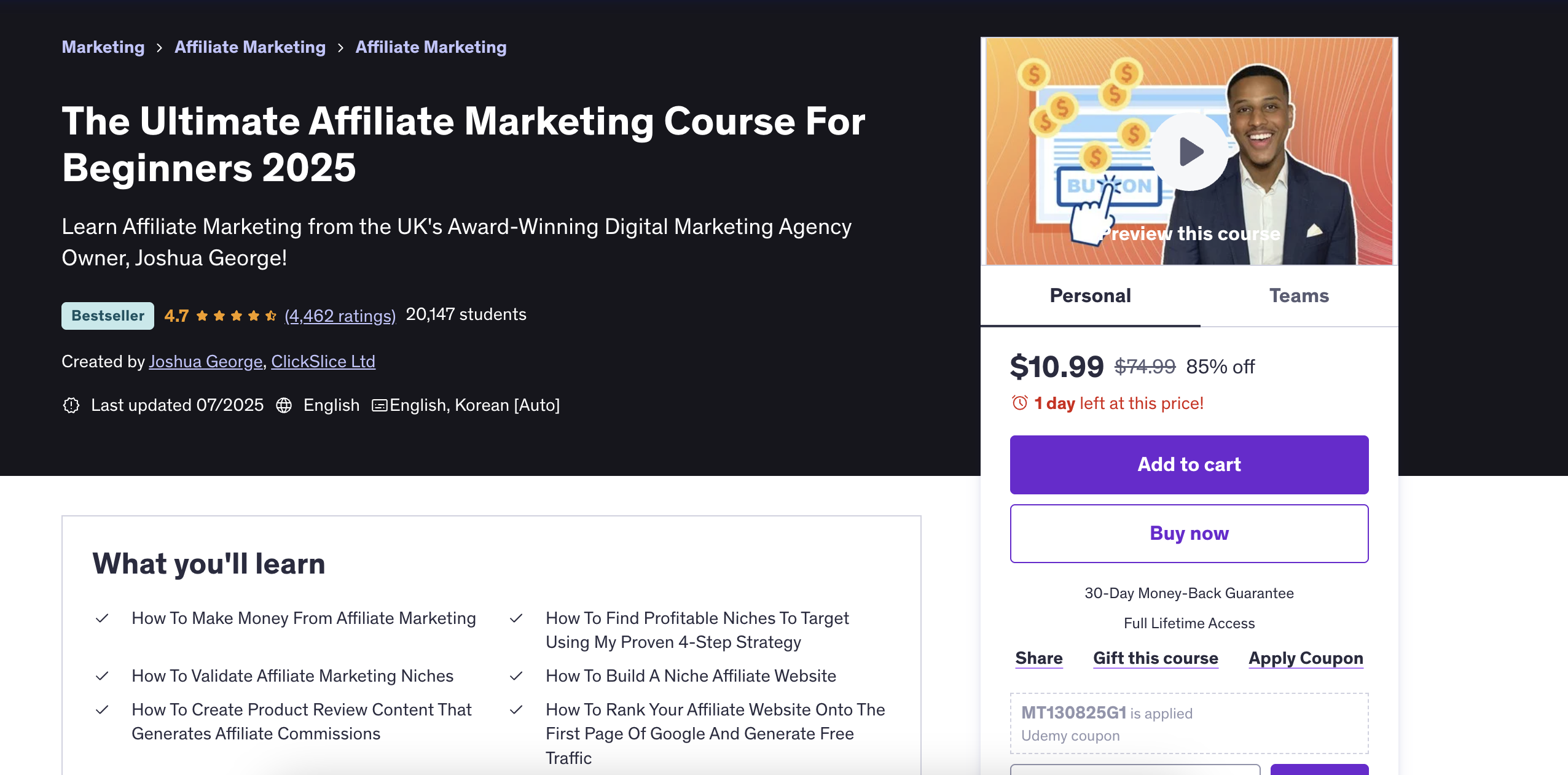 Screenshot of Udemy's Ultimate Affiliate Marketing Course For Beginners