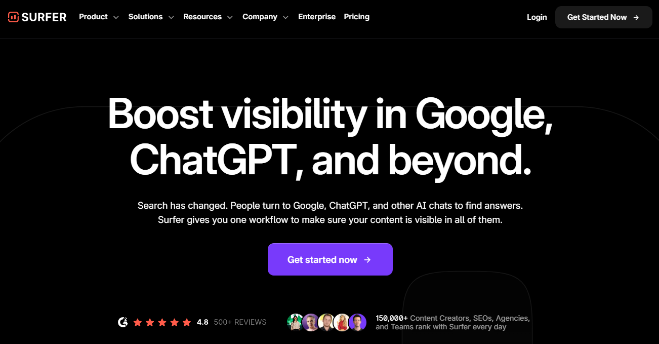 SurferSEO landing page with a CTA to "Get started now"