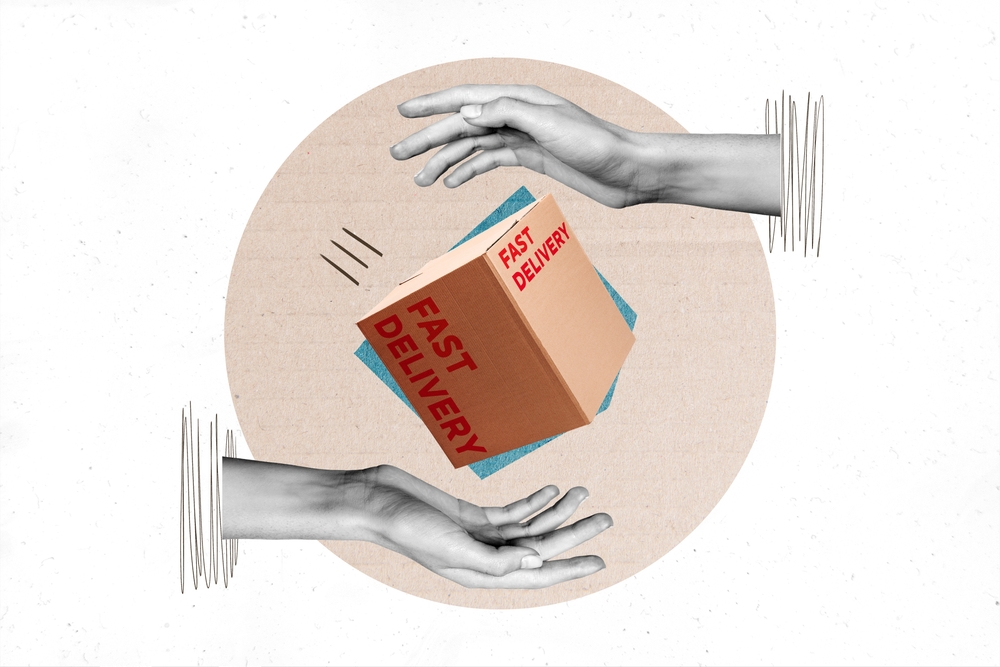 Hands delivering a product in a box, visualizing fast delivery via dropshipping