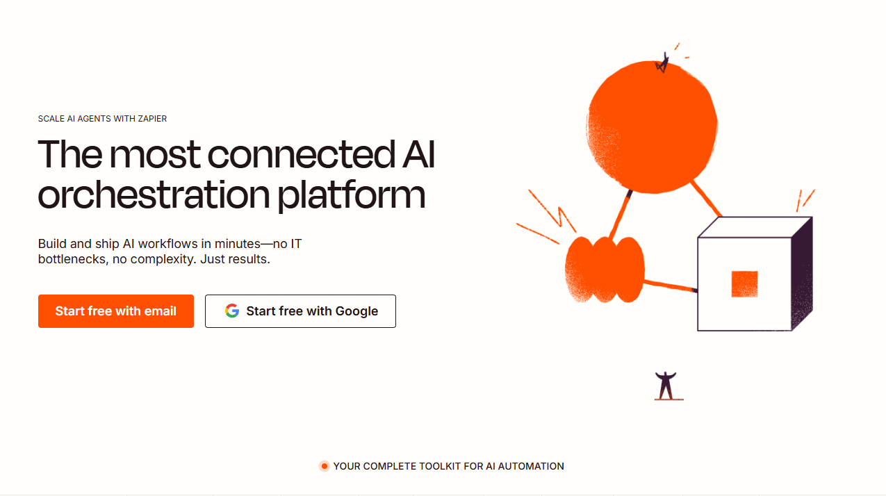 Zapier landing page that offers you to start your free trial with an email or Google