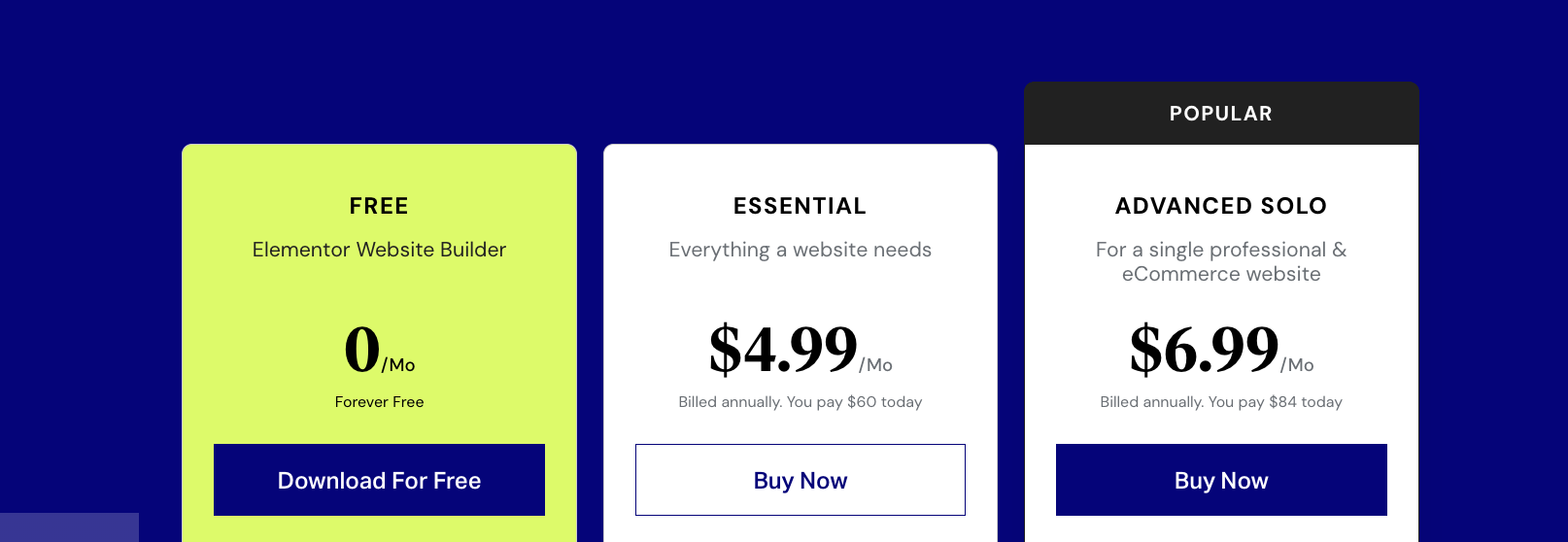 Elementor pricing page