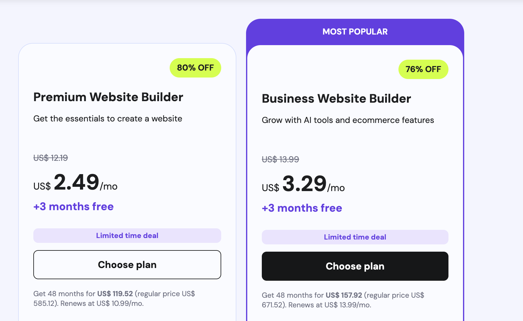Hostinger pricing page