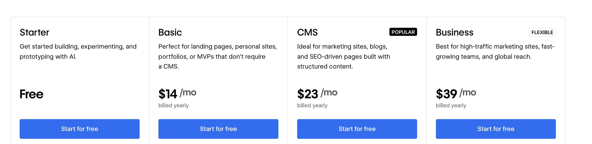 Webflow pricing page