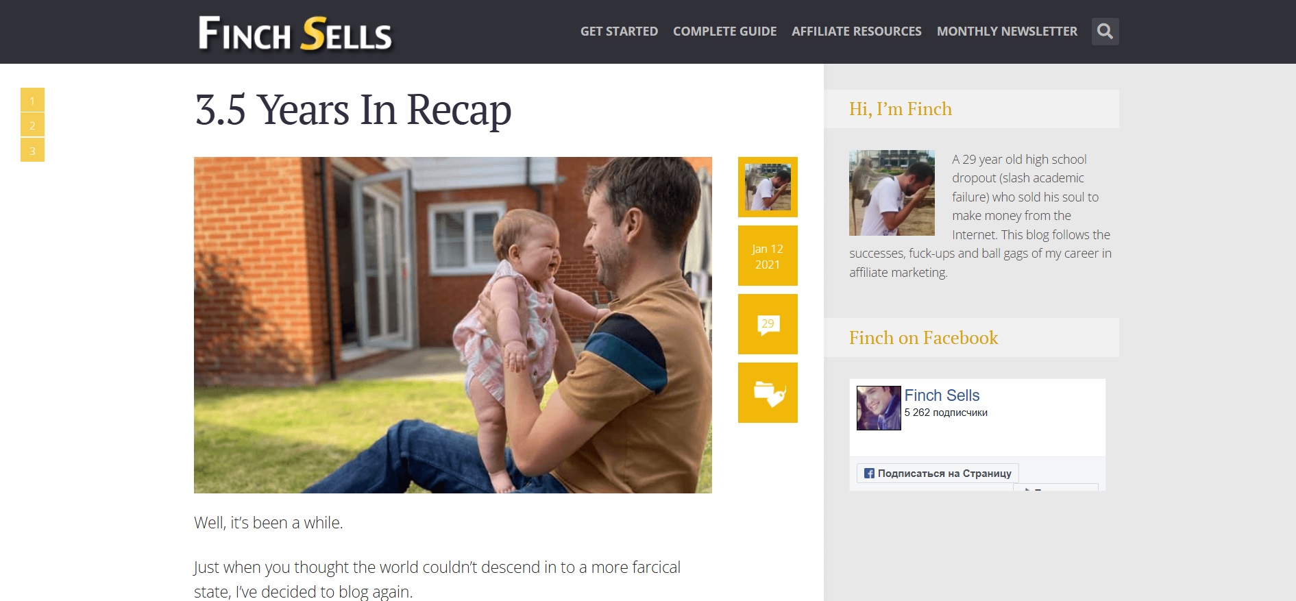 Homepage of Finch Sells featuring a large image of the marketer with his child, some personal information on the right, the link to his Facebook page, and menu items