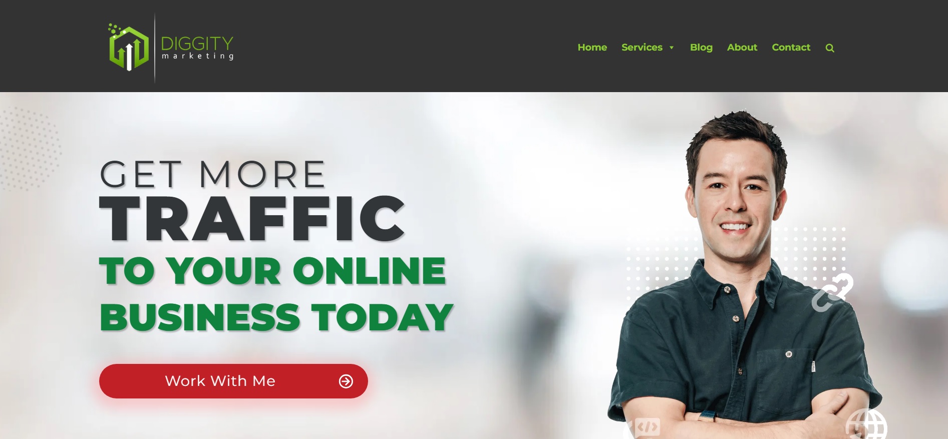 Homepage of the Diggity Marketing website with the photo of Matt Diggity on the right and a headline with a CTA button on the left