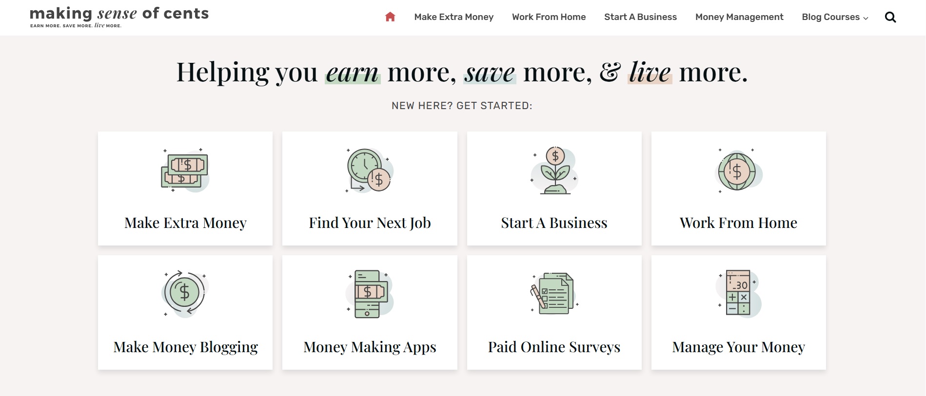 Homepage of the blog Making Sense of Cents with 8 money-related categories and the tagline "Helping you earn more, save more, & live more"