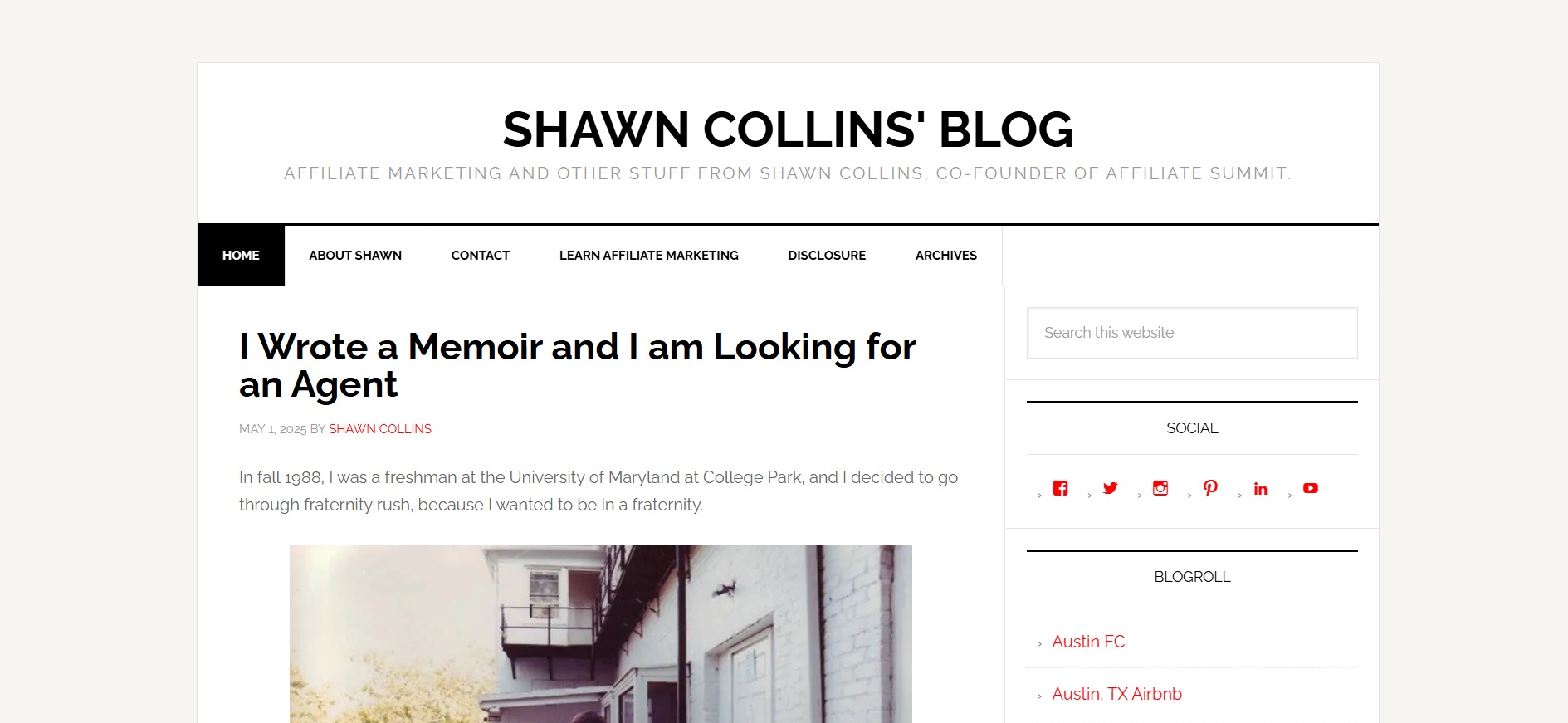 Homepage of Shawn Collins' blog showing menu items, a title, part of the photo, social media symbols, and a search button