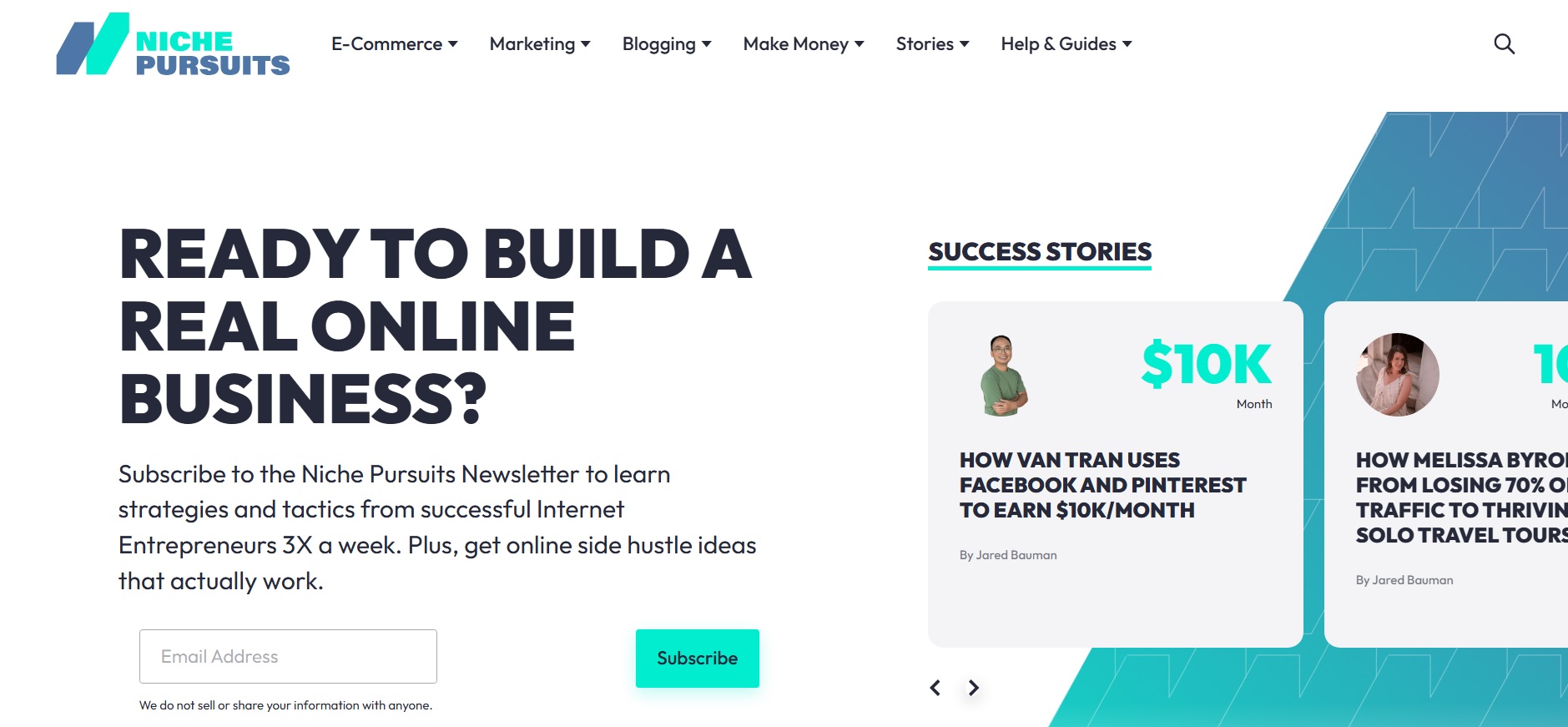 Homepage of Niche Pursuits featuring a headline "Ready to build a REAL online business?", a subscription call-to-action, success-story highlights, and menu items