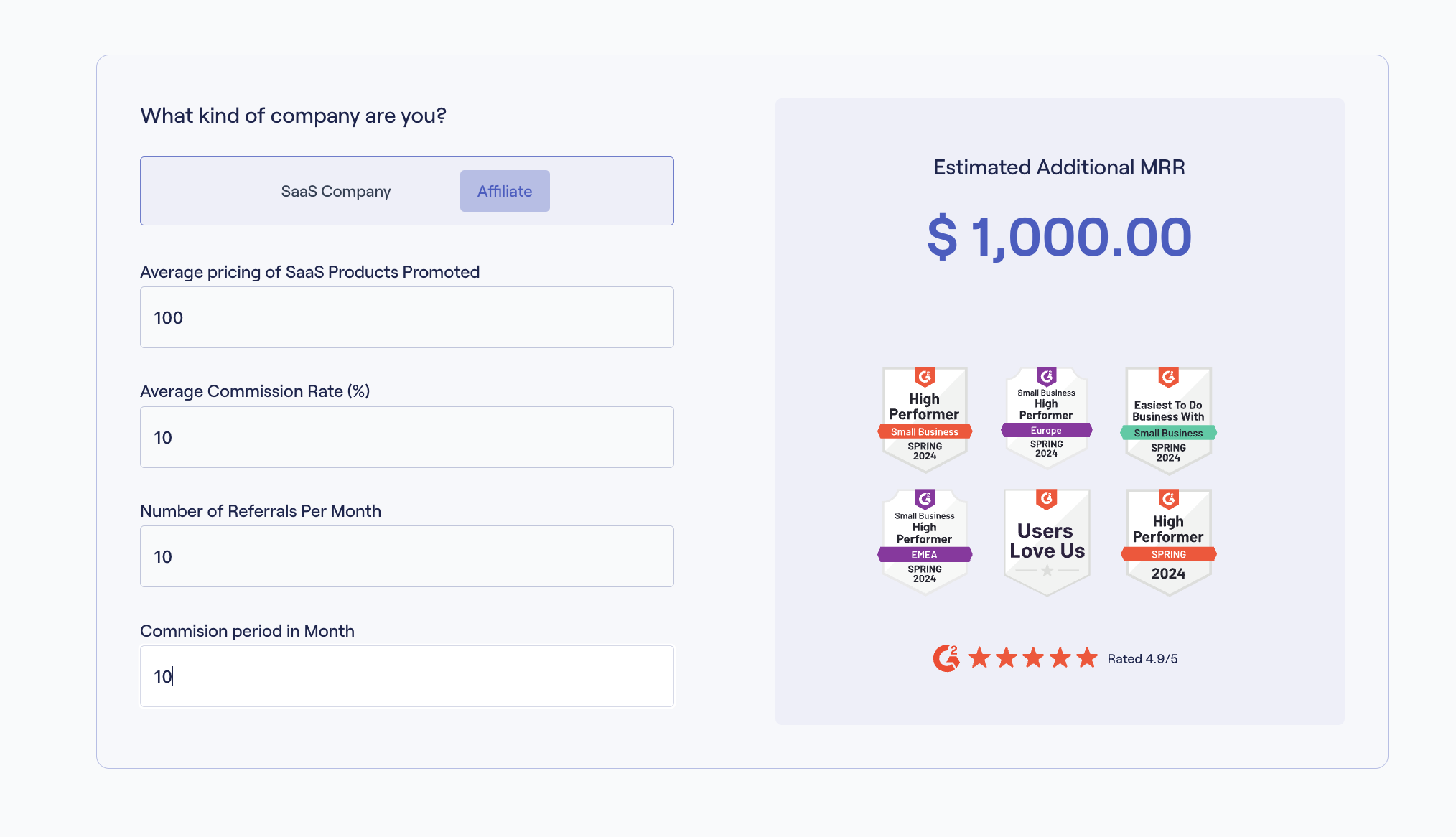 The screenshot of Getreditus affiliate marketing calculator