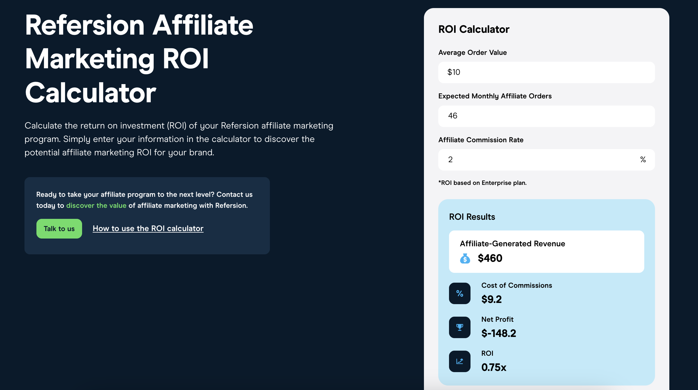 The screenshot of Refersion affiliate marketing calculator