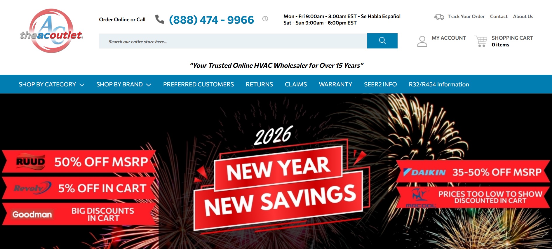 The AC Outlet homepage promoting discounted HVAC products and systems in a New Year sale, with a fireworks background