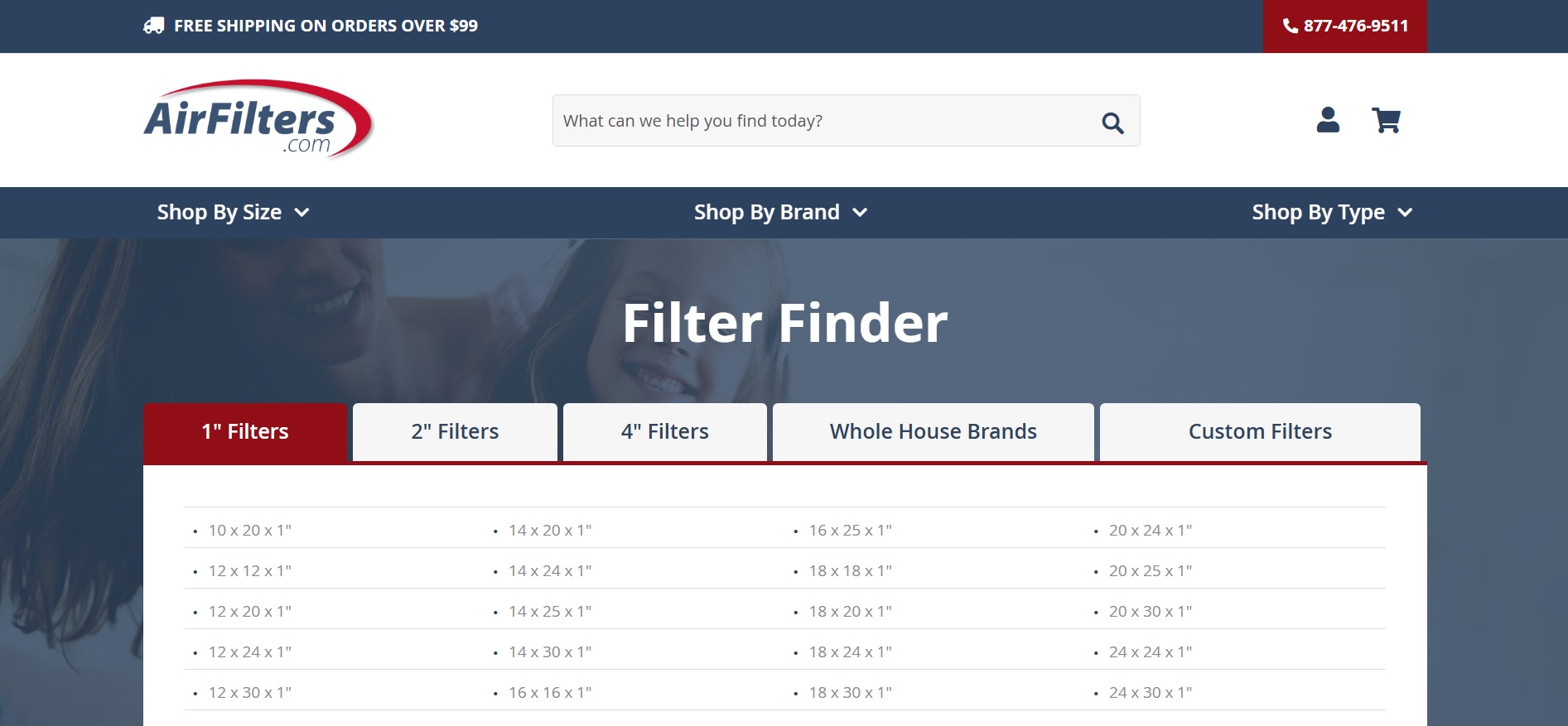 AirFilters.com homepage featuring a search bar and a Filter Finder tool to find air filters by size or HVAC system