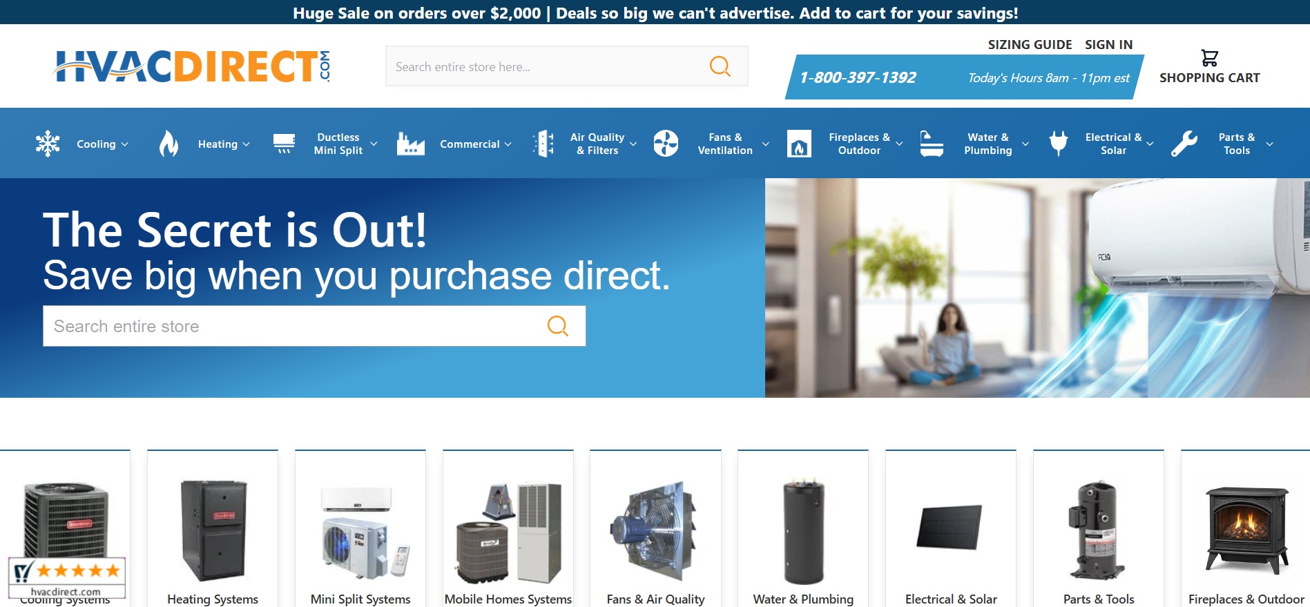 HVACDirect's homepage promoting savings on HVAC products, with a search bar and image of a ductless mini-split system, and the product types they are offering.