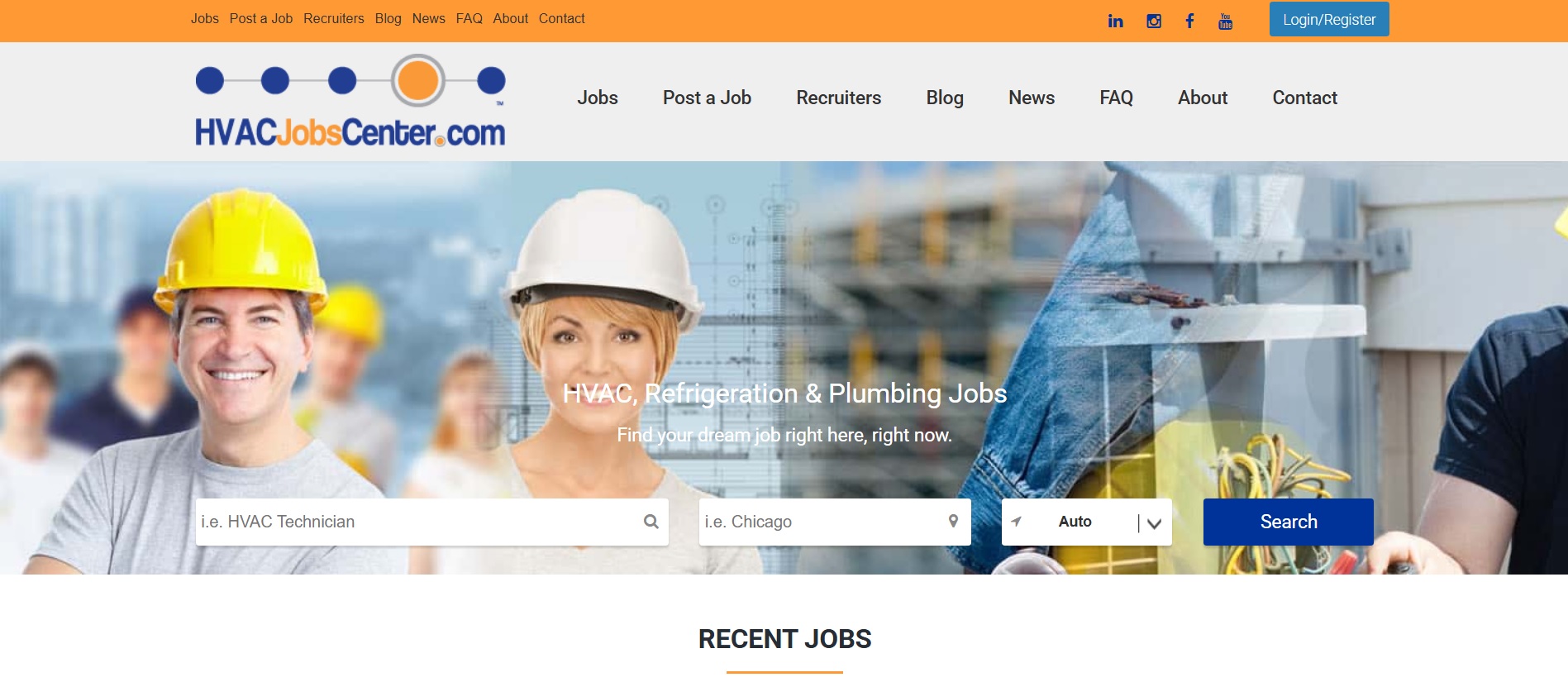 HVACJobsCenter's homepage showing HVAC and construction workers in hard hats, with a job search form for position, location, and job type