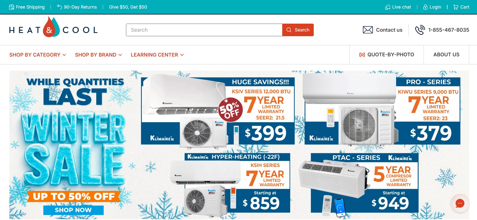 Heat & Cool's homepage featuring AC units with prices and warranty details, and a winter sale with up to 50% off HVAC systems