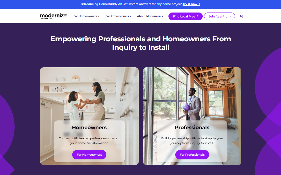 Modernize homepage, a a multi-product marketing platform, including home improvement, that also has an affiliate program