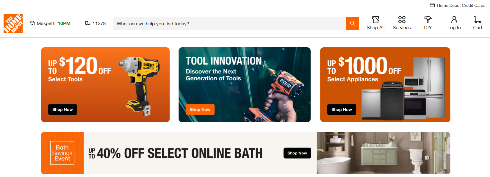 The Home Depot homepage, the world's largest home improvement retail corporation that also offers an affiliate marketing program