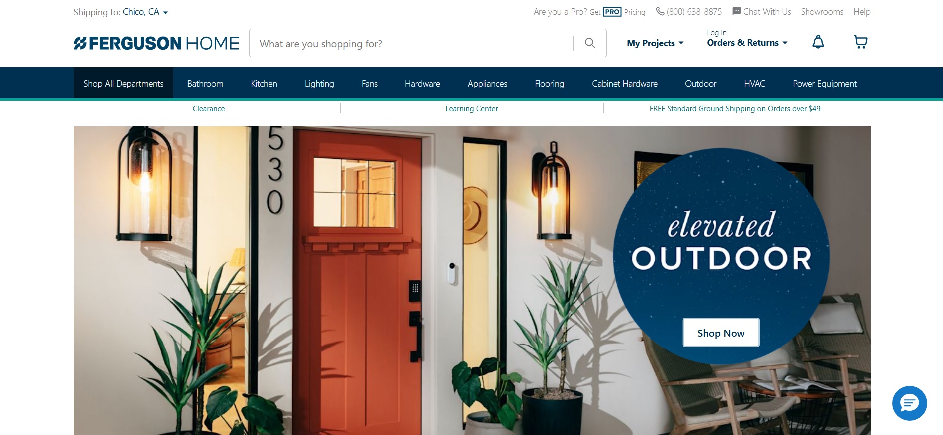 Ferguson Home homepage featuring a photo of a home exterior with a front door and outdoor lighting, navigation links to product categories at the top, the tagline “Elevated Outdoor,” and a “Shop Now” call-to-action button.