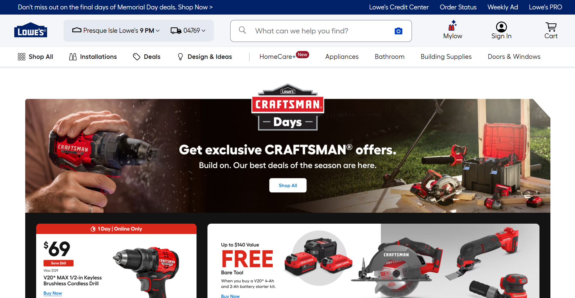 Lowe’s homepage promoting home improvement products, with navigation links to departments at the top, promotional banners, a search bar, and call-to-action buttons