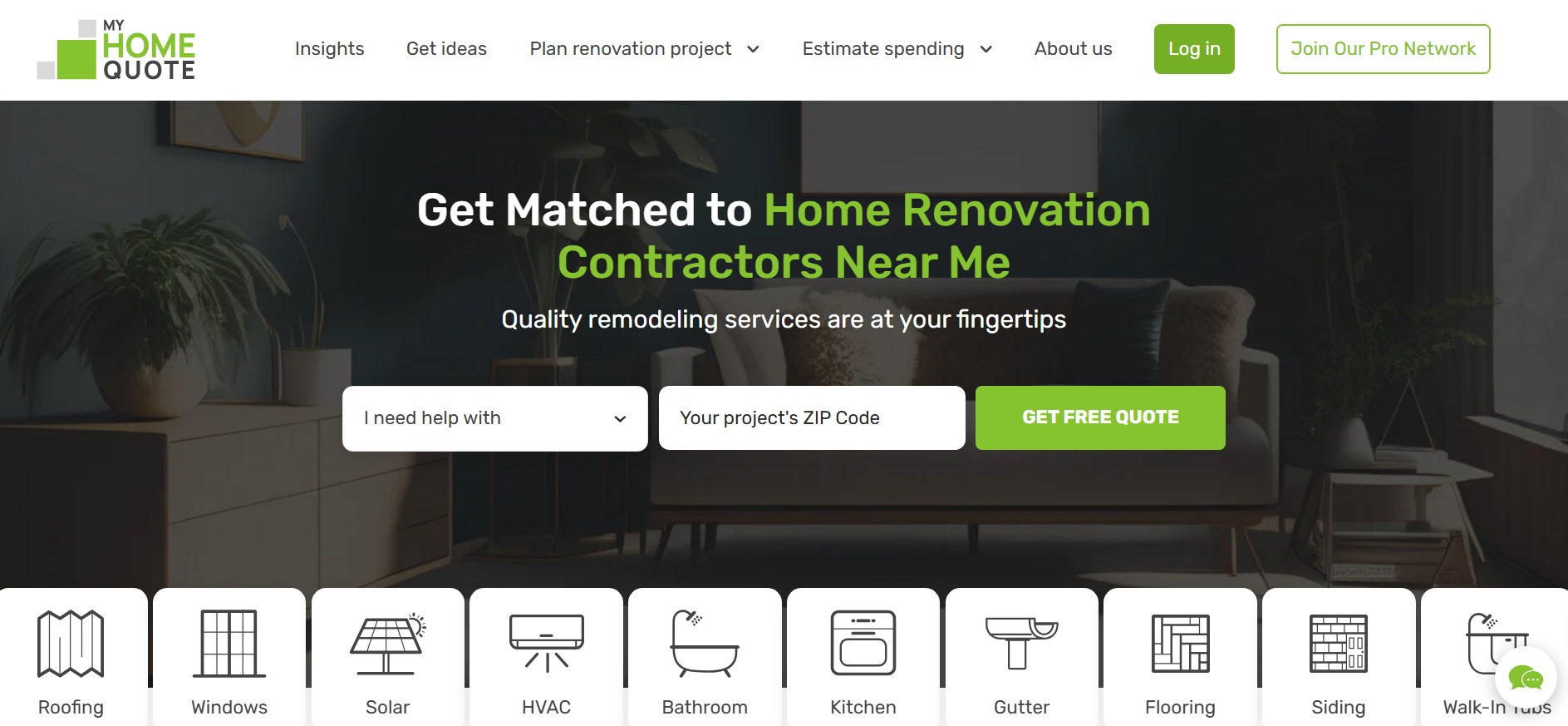 MyHomeQuote homepage with navigation links to project categories, and call-to-action buttons to start a project estimate