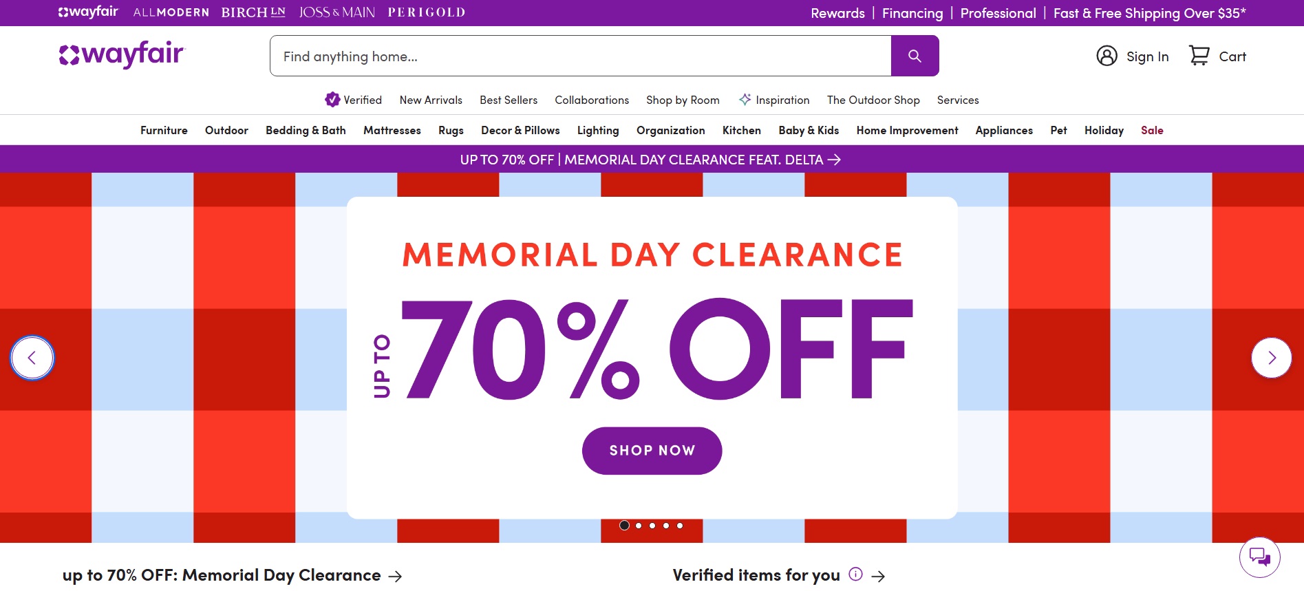 Wayfair homepage featuring a large promotional banner highlighting sales and seasonal deals, a top navigation bar for departments, a search bar, along with call-to-action buttons for shopping deals