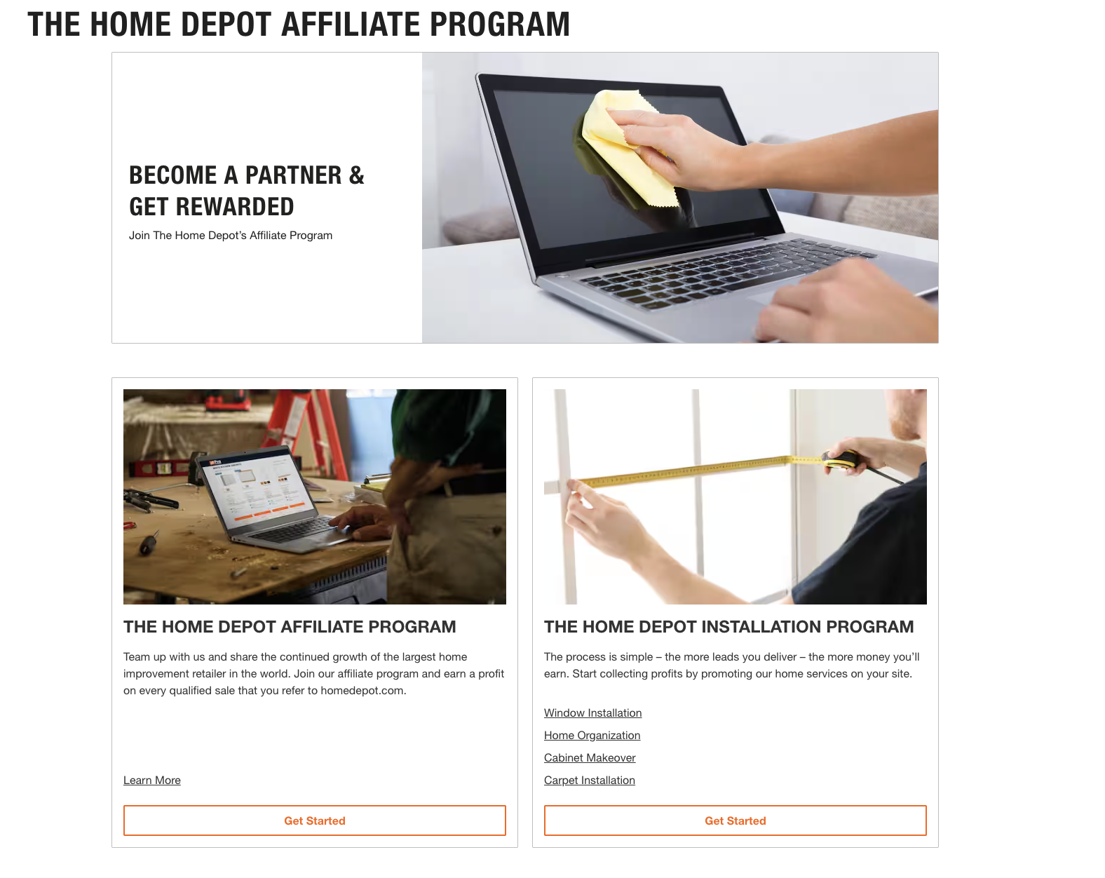 Main page of Home Depot affiliate program